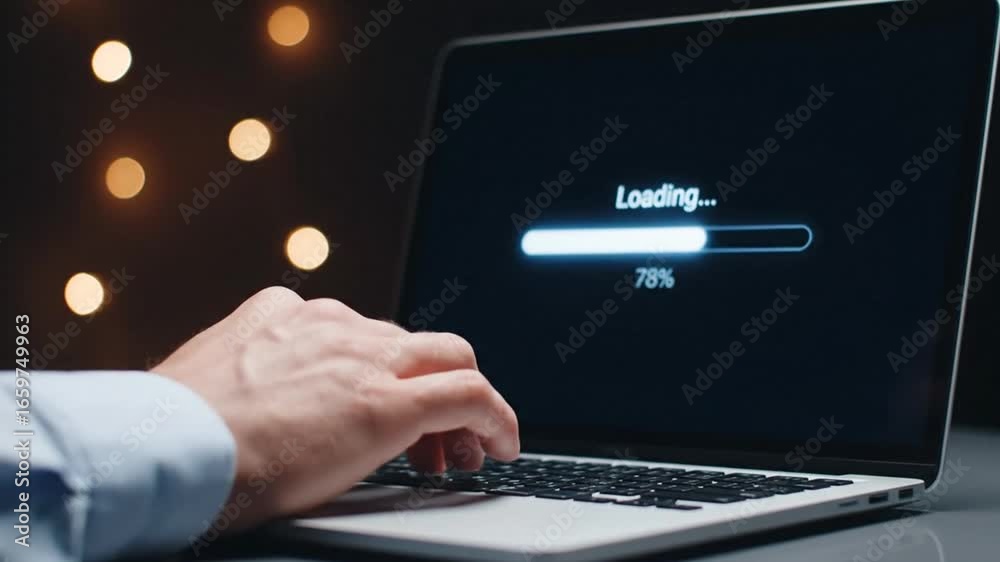 Man Typing on Laptop with Loading Progress Bar on Screen Against Bokeh Light