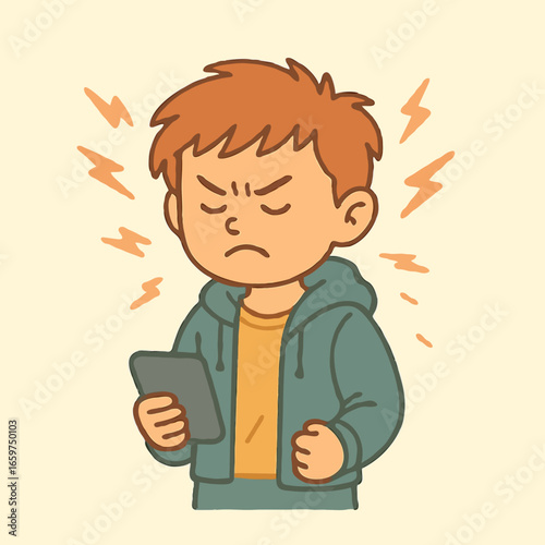 Young boy looking frustrated while holding a smartphone  
