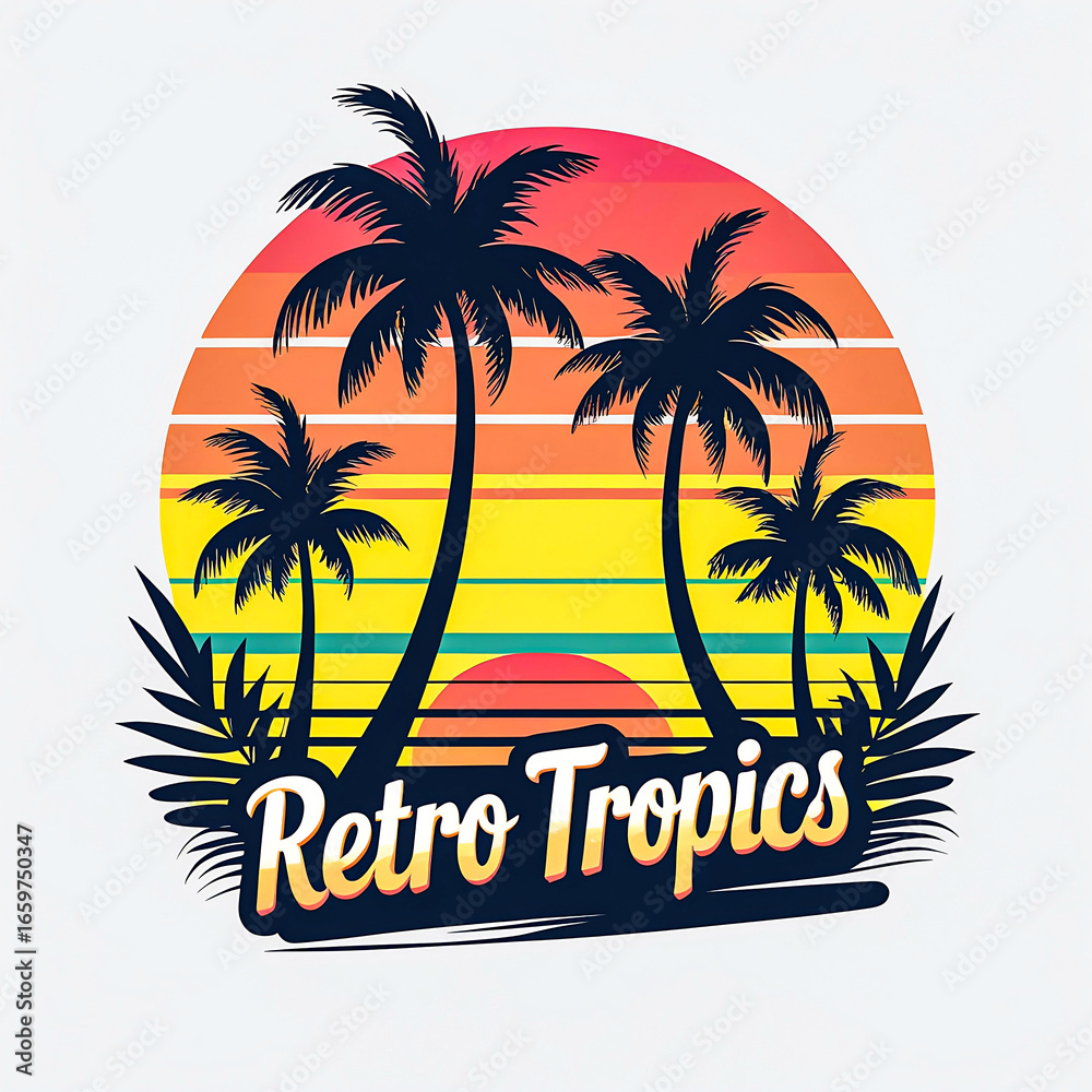 Fototapeta premium Retro Summer Fever Sunset Palm Tree Graphic Illustration for Trendy Beach Vibes and Tropical Vacation T-Shirt Design