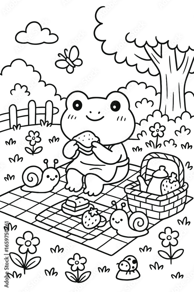 Fototapeta premium Cute frog enjoying a picnic with snails and ladybug in a serene garden