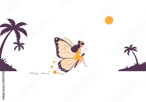 A whimsical illustration of a fairy with butterfly wings flying between two silhouetted palm trees under a yellow sun.
