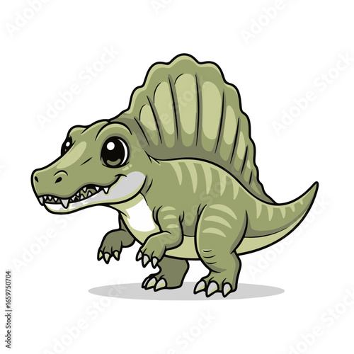 A cute baby Spinosaurus rex sticker design, chibi cartoon style, 2D flat vector icon illustration of an adorable little. Kawaii style, character art, isolated on white background