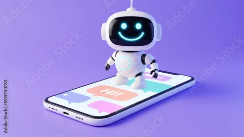 Wallpaper Mural White Robot Standing on Mobile Phone Interface on Purple Background Torontodigital.ca
