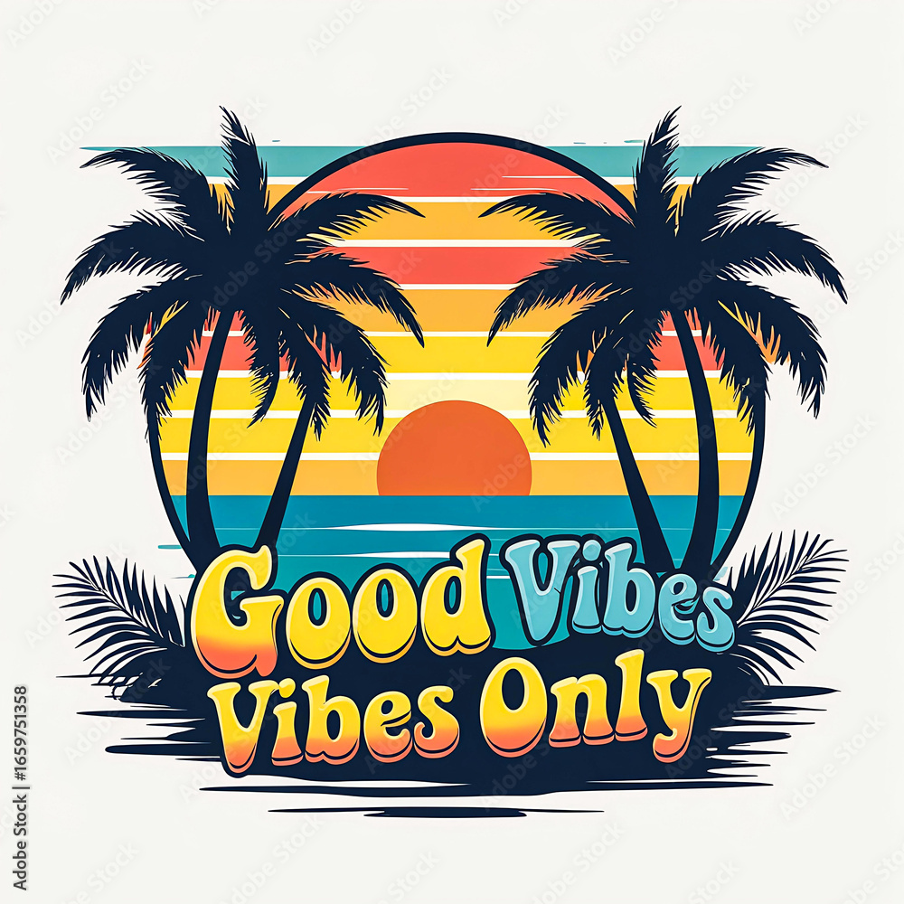 Obraz premium Retro Summer Fever Sunset Palm Tree Graphic Illustration for Trendy Beach Vibes and Tropical Vacation T-Shirt Design