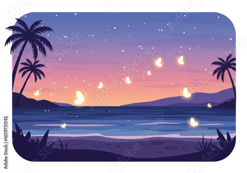 A magical tropical beach at dusk with glowing butterflies flying over the ocean under a starry sky.