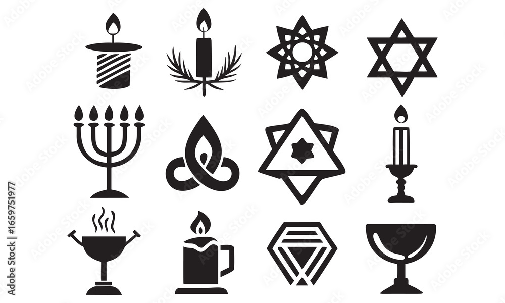 Fototapeta premium Hanukkah Icons & Jewish Holiday Symbols Menorah, Star of David, Dreidel, Gifts, Candles