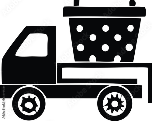 Black silhouette of a pickup truck delivering a large decorated plant pot for gardening and landscaping projects transporting flora