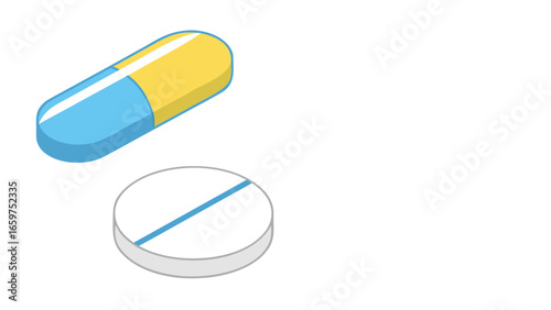 Blue and yellow capsule with white pill medicine health