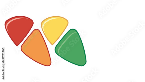 Four colorful guitar picks arranged in a cluster music