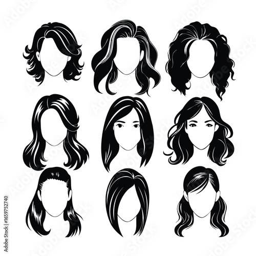 Collection of diverse hand drawn female hairstyles