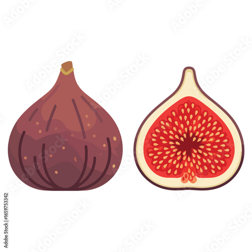 A whole and halved fig, showcasing the fruit's deep purple exterior and vibrant red interior.