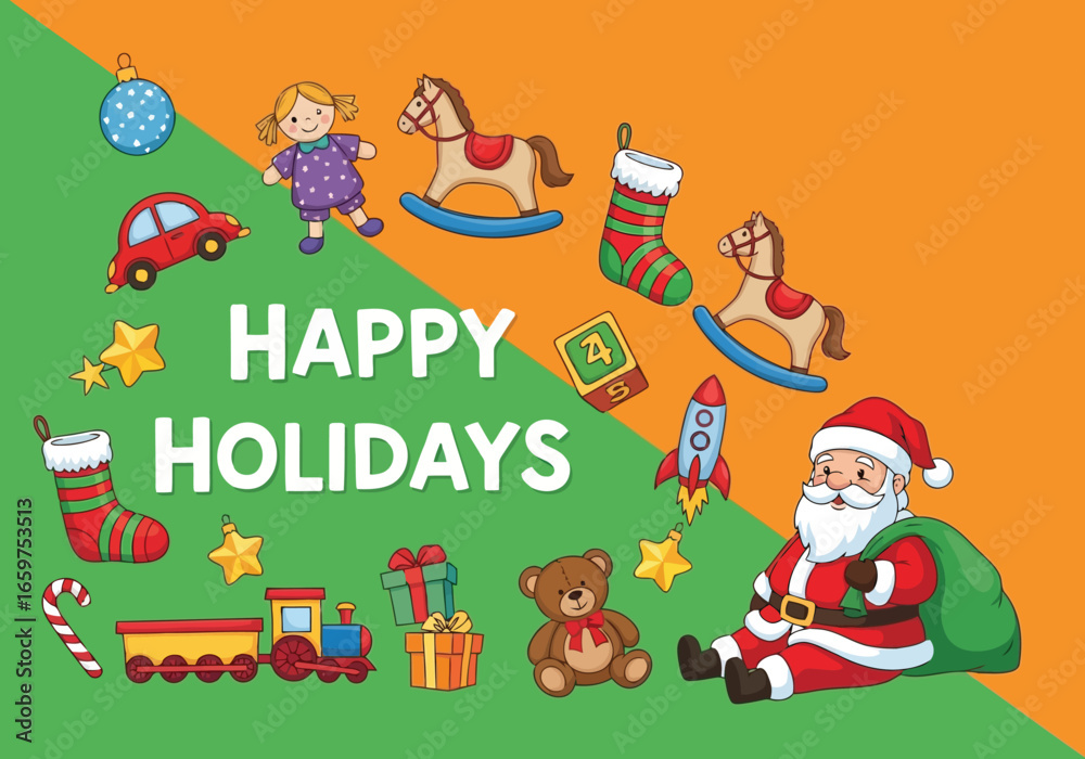 Naklejka premium A christmas card with santa claus and many colorful toys for the holidays