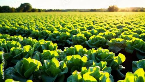 Lush green lettuce field under golden sunlight showcasing vibrant growth and fertile landscape