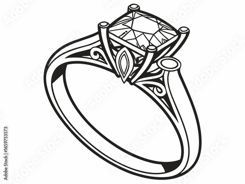 Elegant Three-Stone Diamond Ring Design Illustration .A detailed, technical line drawing of a three-stone diamond engagement ring.