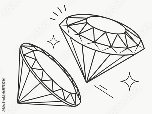 Elegant Three-Stone Diamond Ring Design Illustration .A detailed, technical line drawing of a three-stone diamond engagement ring.