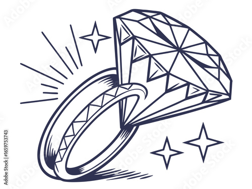Elegant Three-Stone Diamond Ring Design Illustration .A detailed, technical line drawing of a three-stone diamond engagement ring.