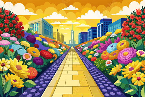 vector of Thousands of colorful flowers on both sides of the beautiful yellow brick pavement that reaches the end of the pavement to a beautiful city in Kanda.