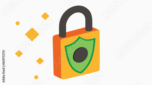 Orange padlock with green shield and dark gray shackle
