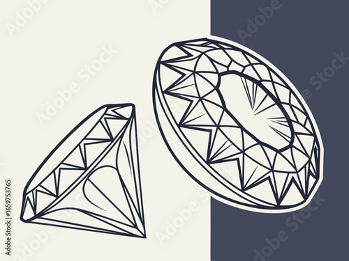 Elegant Three-Stone Diamond Ring Design Illustration .A detailed, technical line drawing of a three-stone diamond engagement ring.