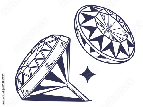 Elegant Three-Stone Diamond Ring Design Illustration .A detailed, technical line drawing of a three-stone diamond engagement ring.