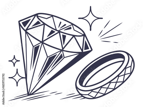 Elegant Three-Stone Diamond Ring Design Illustration .A detailed, technical line drawing of a three-stone diamond engagement ring.