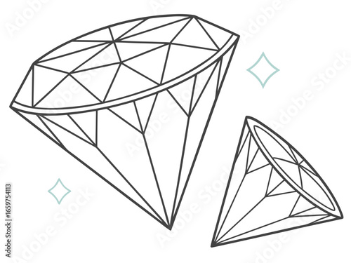 Elegant Three-Stone Diamond Ring Design Illustration .A detailed, technical line drawing of a three-stone diamond engagement ring.