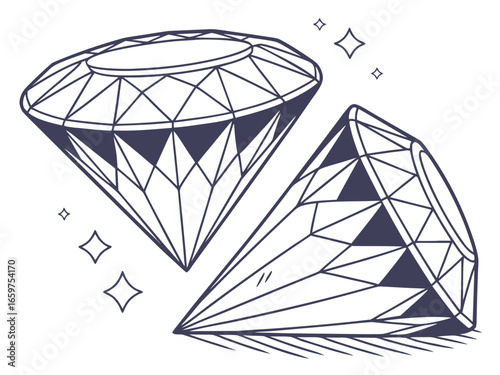 Elegant Three-Stone Diamond Ring Design Illustration .A detailed, technical line drawing of a three-stone diamond engagement ring.