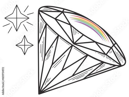 Elegant Three-Stone Diamond Ring Design Illustration .A detailed, technical line drawing of a three-stone diamond engagement ring.