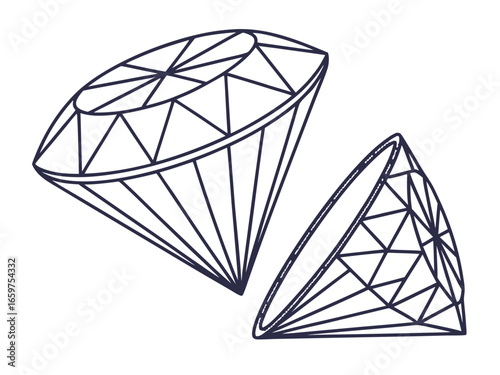 Elegant Three-Stone Diamond Ring Design Illustration .A detailed, technical line drawing of a three-stone diamond engagement ring.