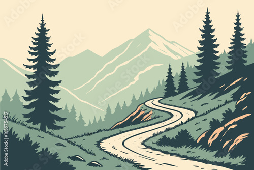 Scenic mountain landscape with winding road, trees and forest view