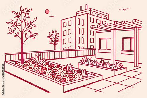 Illustration of a rooftop garden with plants and building in the city