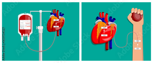 Graphic showing blood being transfused from a bag to a heart and from an arm to a heart. Medical treatment, healthcare concept.