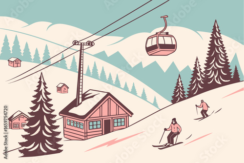 Ski resort landscape with skiers, cabins and gondola lift in winter