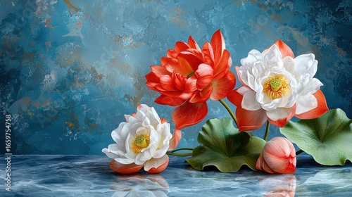 Red and White Lotus Flowers on Blue Textured Surface