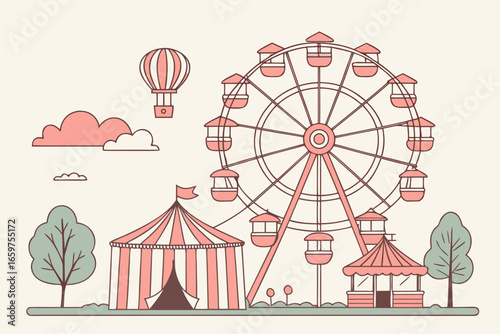 Illustration of a fair with ferris wheel, balloon, and striped tent