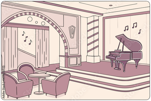 Elegant jazz club interior with piano stage and cozy lounge