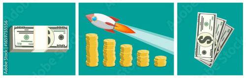 Money set with stack of cash, flying rocket and cash bills. Financial wealth, business growth, investment concept for presentation.