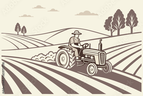 Farmer driving a tractor in the field on a sunny day in the countryside