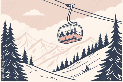 Ski resort with cable car and snow covered mountains in winter season