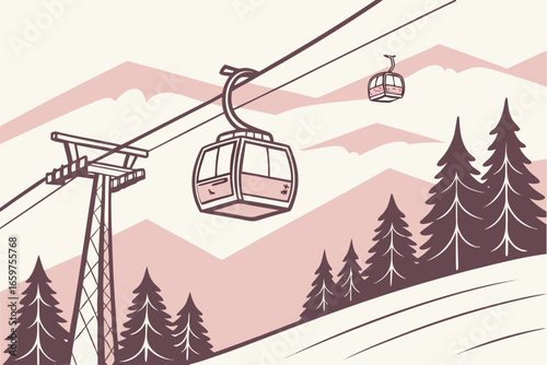 Retro ski resort illustration with gondola lift and mountain landscape