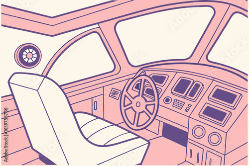 Retro yacht cabin illustration with steering wheel and control panel