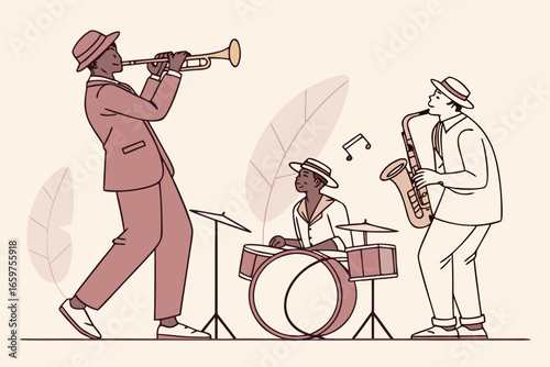 Jazz band performing live music with trumpet, saxophone and drum player