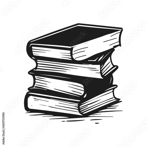 Monochrome sketch of stacked books with textured line detail, vector