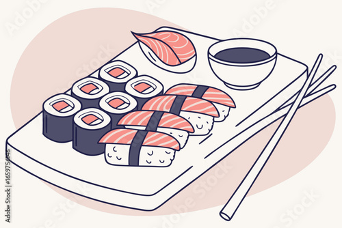 Sushi set on plate with chopsticks