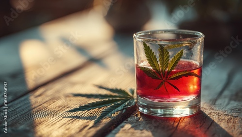 Sunset drink with cannabis leaf on rustic wood