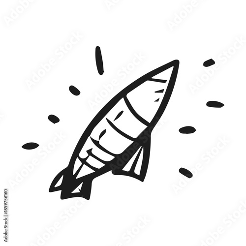 Cartoon rocket launching with motion lines in monochrome sketch style, vector