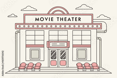 Illustration of a movie theater building with chairs and marquee sign
