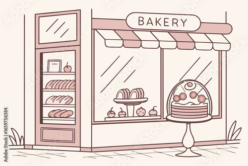 Illustration of a cute bakery shop with awning, desserts and bread