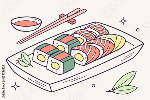 Sushi rolls on a plate with chopsticks