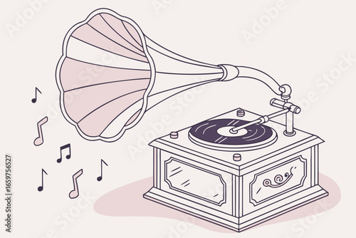 Vintage gramophone with musical notes